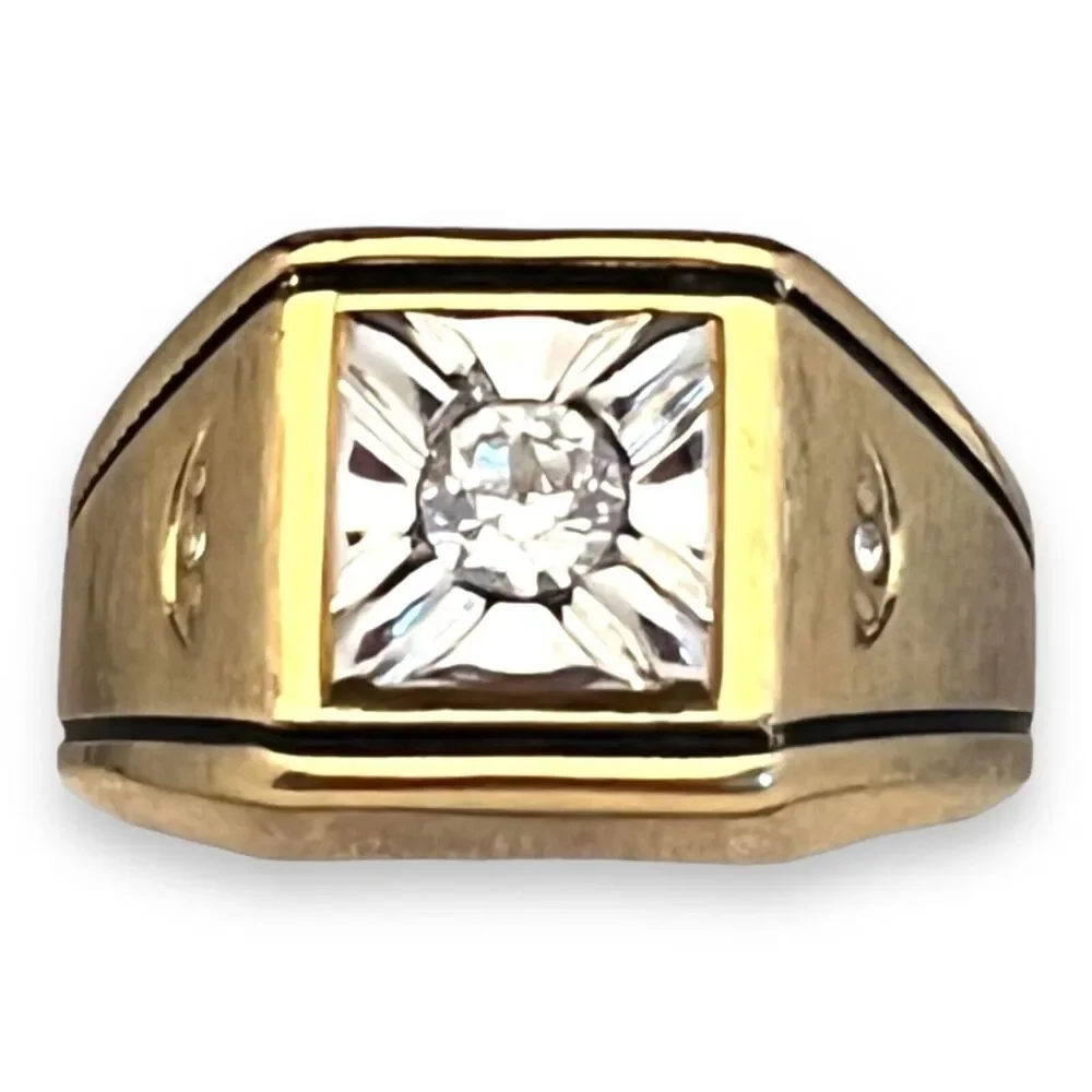 Vintage 1970s Ring Size 12 Uncas CZ Square Bezel Textured Gold Plated - 14O